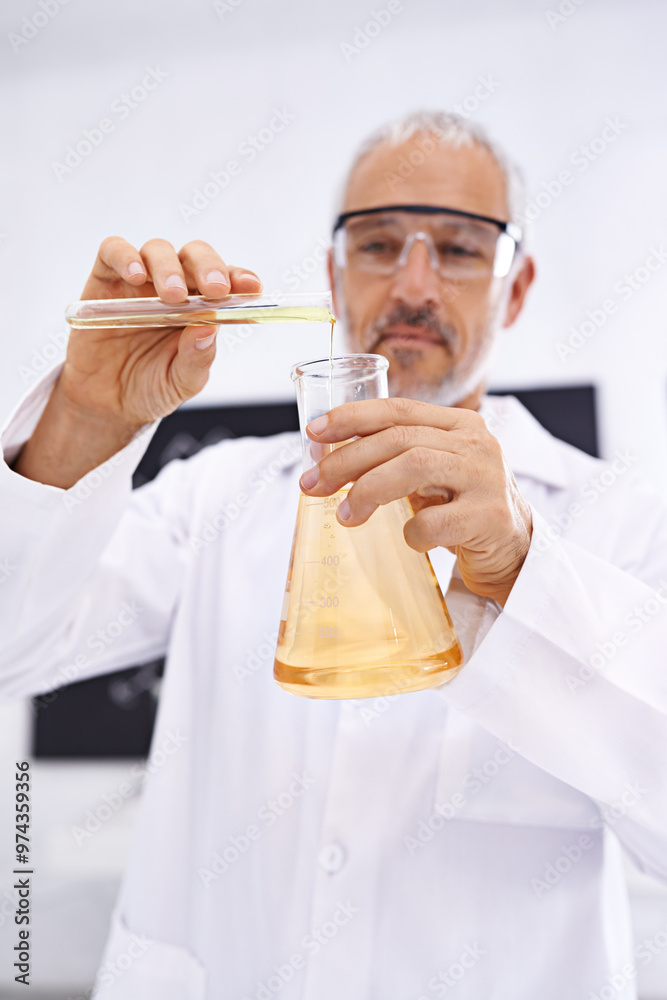 Sticker Science, man and beaker in lab for chemistry, experiment and mixing chemicals in test tube. Mature scientist, professional and liquid in glass for research, medicine development and compound study