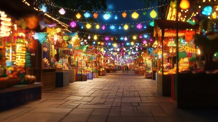 Fototapeta premium Diwali festival market with colorful lights and stalls, 3D illustration