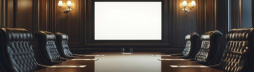 Executive boardroom with a blank presentation screen