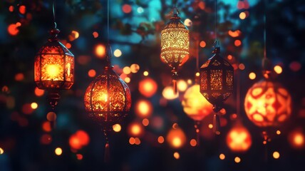 Diwali lanterns hanging, glowing festive decorations, 3D illustration