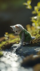 Obraz premium A small white kitten wearing a green vest sits on a mossy rock by a small waterfall.