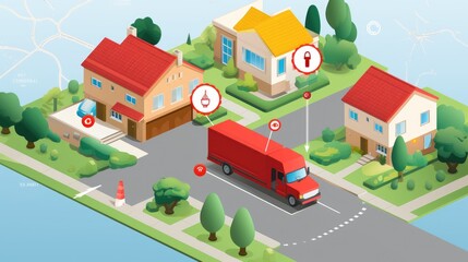 A red delivery truck drives through a suburban neighborhood, delivering packages to houses with lush green lawns.