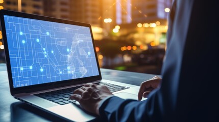 A businessman works on his laptop, analyzing data and maps.  He is focused on his work, and the city lights blur in the background.