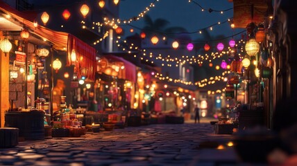 Indian marketplace at night, lit up for Diwali, 3D illustration