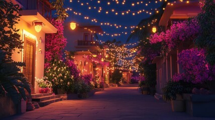 Indian street during Diwali, houses adorned with lights, 3D illustration