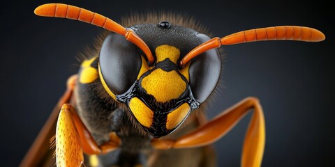 Close-up macro photograph of a wasp’s face, highlighting its antennae and segmented eyes