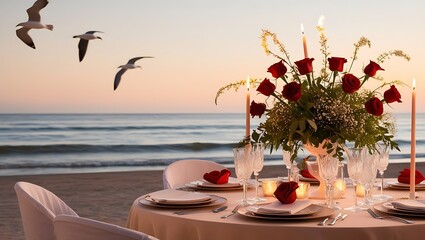 A serene Valentine's Day dinner for two set against a tranquil beachscape at dusk, with delicate candle flames dancing in the gentle evening breeze,