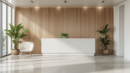 Fototapeta premium Modern Reception Area Featuring Wooden Accents and Greenery in a Bright Workspace