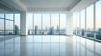 Fototapeta premium A modern office space with large windows overlooking a city skyline. The room is empty, creating a sense of spaciousness and possibility.