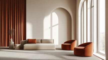 Fototapeta premium Minimalist Living Room with Sofa and Terra Cotta Armchairs | Modern Interior Design with Arch Windows -- 16:9