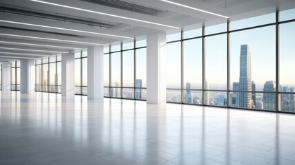 Obraz premium A modern office space with large windows overlooking a city skyline. The room is bright and airy, with a sleek and minimalist design.