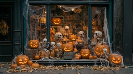 Obraz premium Spooky Halloween Storefront Display: Pumpkins, Cobwebs, and Skeletons in 3D