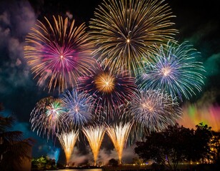 Isolated fireworks with depth of field capturing vibrant colors and festive atmosphere