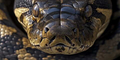 Fototapeta premium Close-up front view of an anaconda’s face with focused eyes and patterned scales