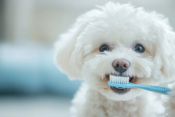 white small poodle dog with a toothbrush cleaning his teeths - Powered by Adobe