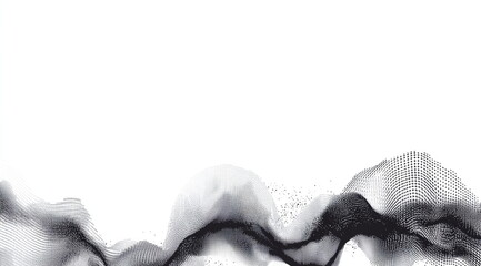 Abstract black and white digital illustration of map made from lines, dots, and particles on a white background. 