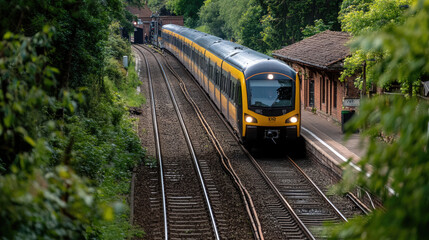 Naklejka premium A train is arriving at small rural station, surrounded by lush greenery and peaceful atmosphere. scene captures charm of countryside travel