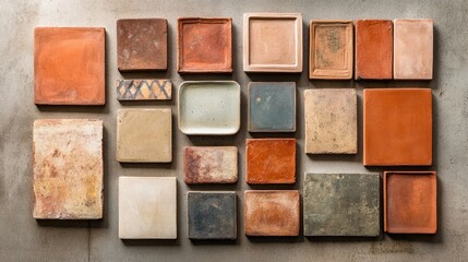 Fototapeta premium A flat lay of handmade terracotta tiles in earthy colors, arranged in a random pattern on a textured surface