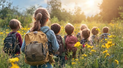 group of school children with teacher on a nature field trip, showcasing outdoor education, environmental study, and the joy of student exploration in nature