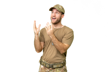 Military with dog tag over isolated chroma key background with surprise facial expression