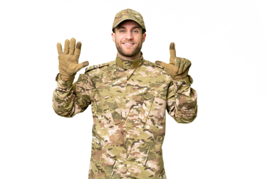 Military man over isolated chroma key background counting seven with fingers
