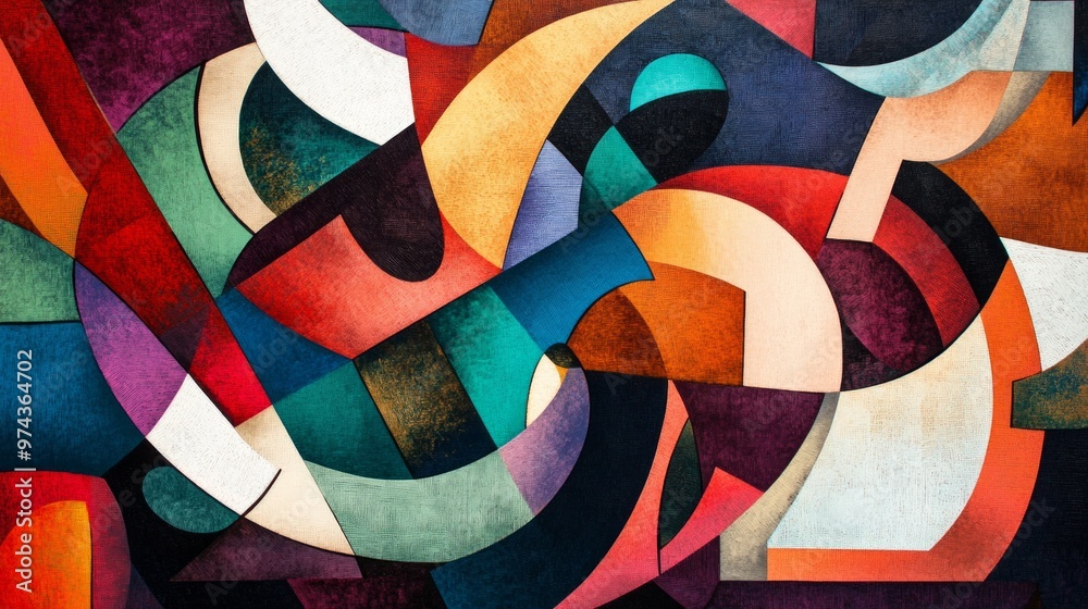 Poster asymmetrical shapes and vibrant patterns create a striking visual interaction in an abstract composi