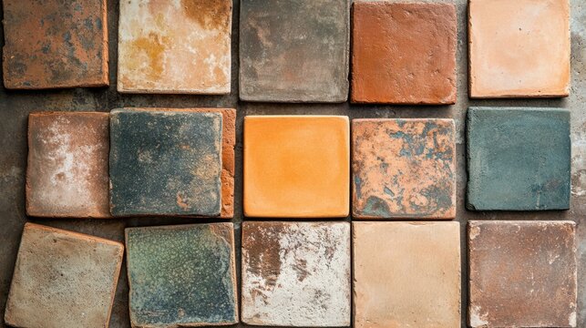 A flat lay of handmade terracotta tiles in earthy colors, arranged in a random pattern on a textured surface