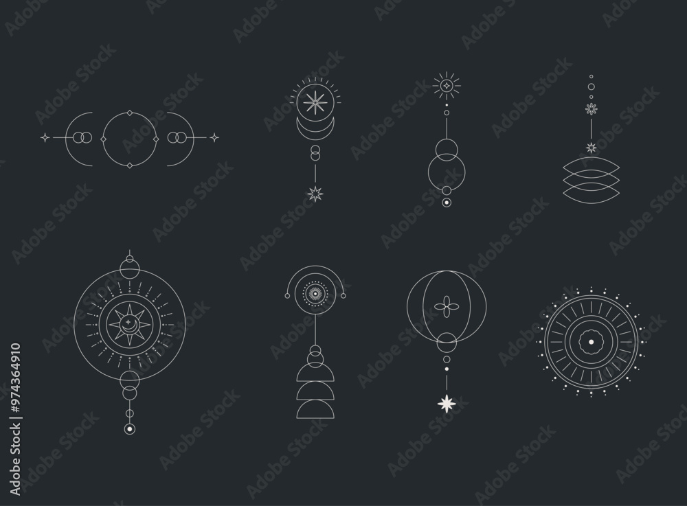 Sticker set of moon and sun line art. minimal boho linear symbols. celestial mystic element. vector line art
