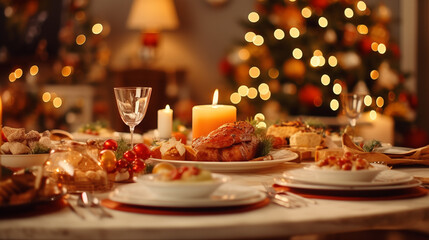 Fototapeta premium Cozy Holiday Dinner Table With Festive Food and Candles