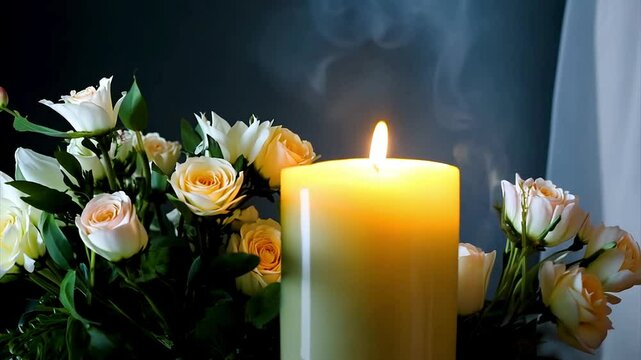 Solemn funeral white flowers and candles on dark background, memory and grief wallpaper.