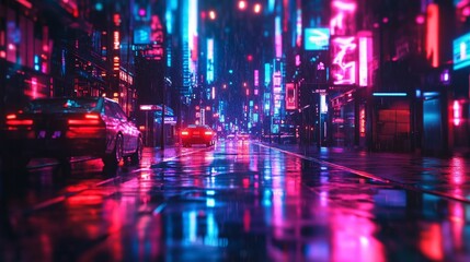 Obraz premium Vibrant neon cyberpunk cityscape at night with glowing streets and reflective surfaces