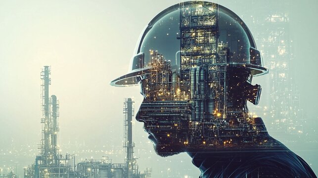 Innovative double exposure concept featuring a hard hat superimposed over a clock, creating a unique technology background.