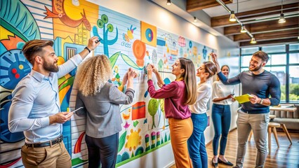 Group of businesspeople creating a colorful mural on a wall during a brainstorming session, team collaboration, creative environment