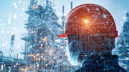 Image featuring a double exposure of a hard hat overlaid with a network pattern, set against a tech-themed background, including a person.
