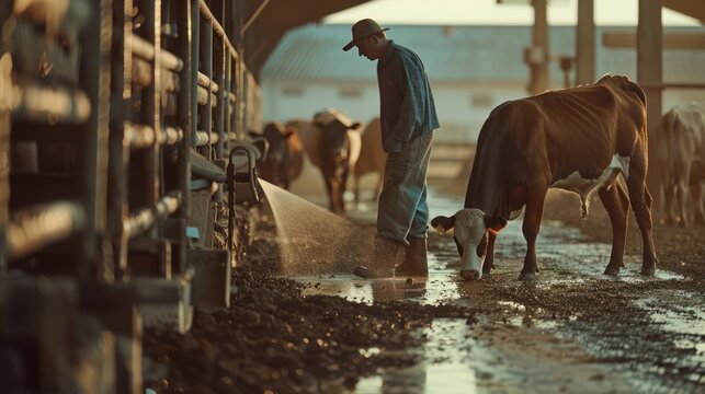 Farmer Cleaning Cattle Pen