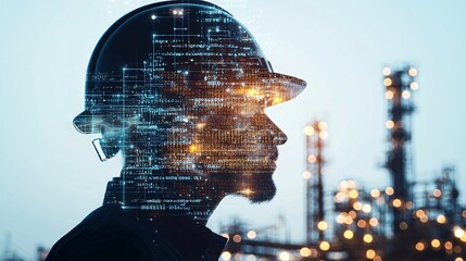 A striking double exposure image featuring an industrial factory blended with digital data, creating a futuristic and technological background.