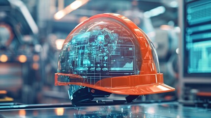 Image of a hard hat with a transparent overlay of futuristic elements on a technology background, featuring a clock.