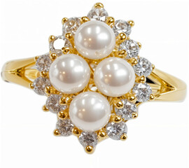 A Gold Ring with White Pearls and Cubic Zirconia on 14K Gold Setting