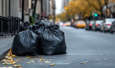 Garbage Bags Piled by the Curb on an Autumn Afternoon in a Bustling City Street