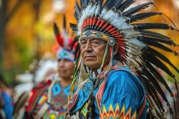 A portrait of a proud elderly Native American Indian man in traditional clothing and a feather headdress on a city street during the celebration of Indigenous Peoples' Day. Columbus Day in the USA