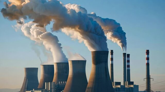 Industrial Smog: A somber view of a power plant emitting thick plumes of smoke into the atmosphere, highlighting the environmental challenges of industrialization and the urgent need for sustainable s