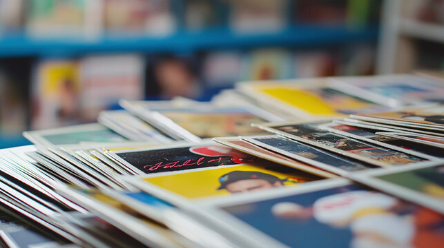 close-up shot of signed baseball cards, with a blurred background of a baseball-themed room