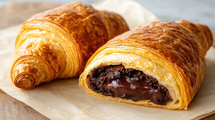 Delight in rich, flaky texture of chocolate croissant, featuring golden brown exterior and luscious chocolate filling that promises satisfying treat