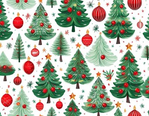 Seamless illustration with a Christmas theme - Santa Claus, Christmas trees, ornaments - Useful as tiles to create a background