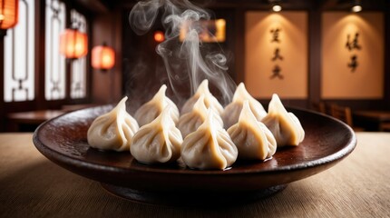 Traditional Chinese dumplings (Jiaozi) steaming on a plate in a restaurant

