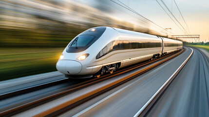 Fototapeta premium A high speed train zooming past countryside landscape, showcasing its sleek design and rapid movement. scene captures essence of modern transportation and beauty of nature