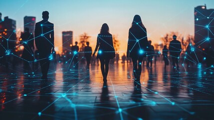 futuristic city scene with silhouettes of people walking at dusk, connected by digital network lines, depicting technological interaction and virtual communication in urban environments