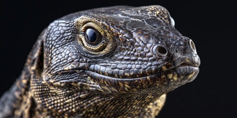 Obraz premium Close-up of a monitor lizard with vibrant orange light reflecting on textured scales and sharp focused eyes