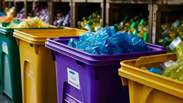 Recycling Bins: A row of colorful recycling bins, each overflowing with different types of recyclable materials, stands ready to be emptied, symbolizing the commitment to environmental responsibility 