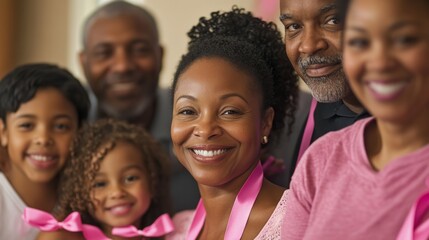 Obraz premium Family Rallies Around Loved One Battling Breast Cancer with Pink Ribbons